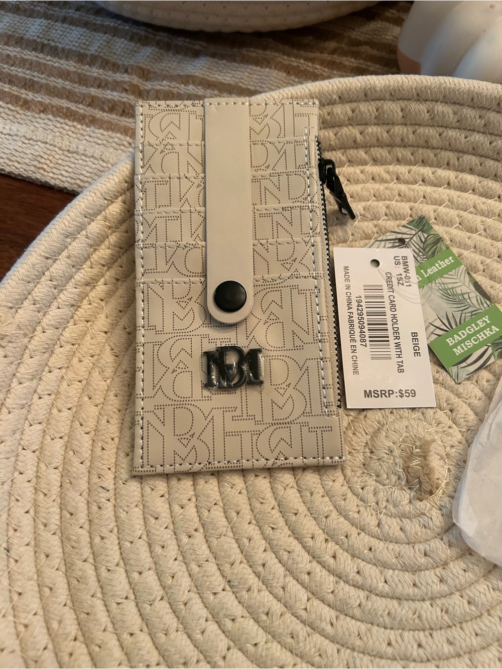 Badgley Mischka Beige Monogram Leather Card Holder with Snap